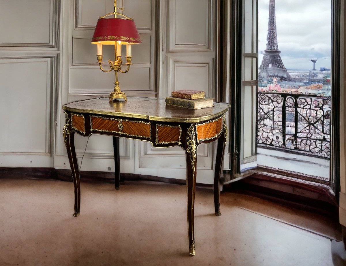 Marquetry Desk Decorated With Gilt Bronze Louis XV Style Napoleon III Period-photo-2