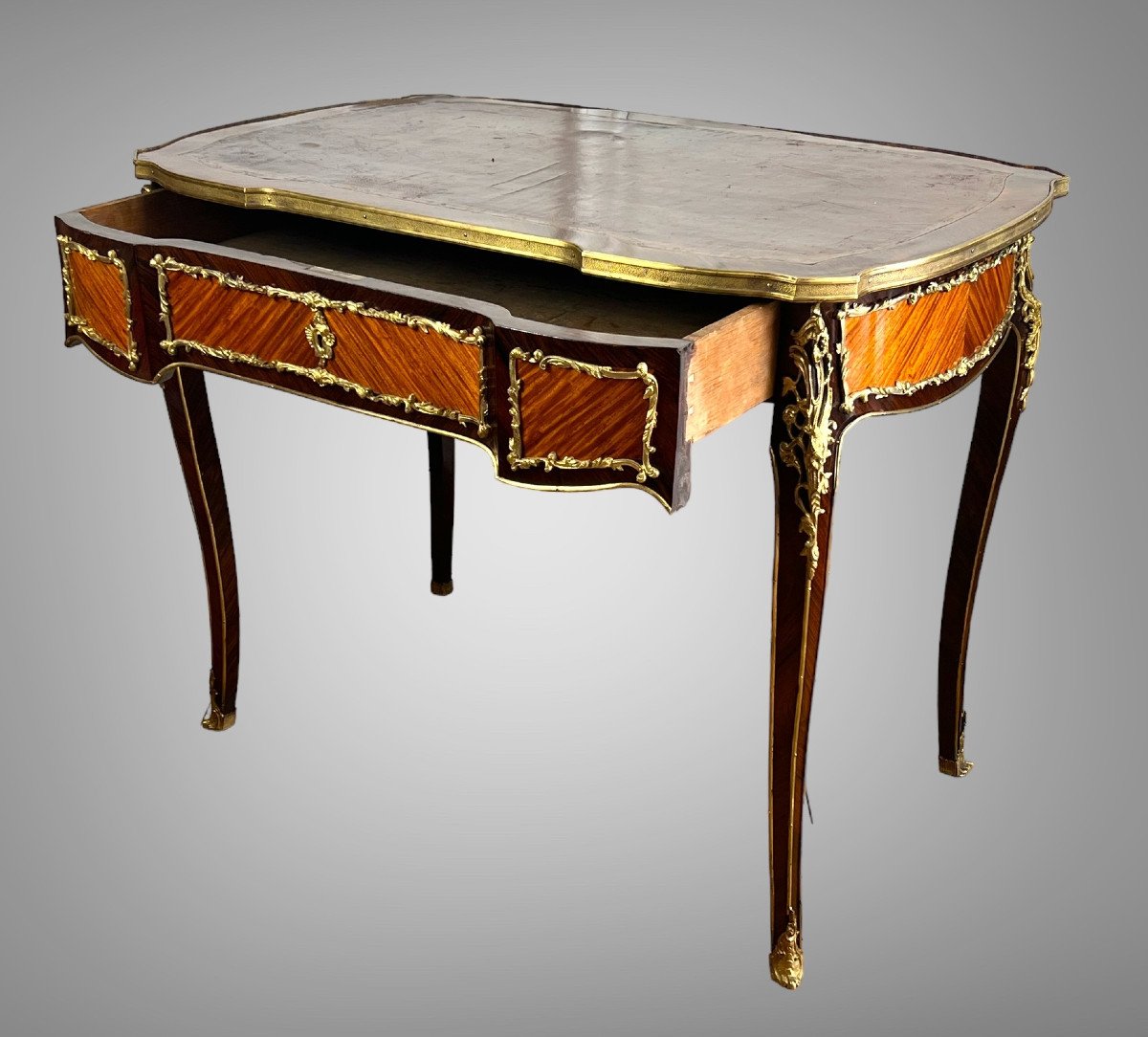 Marquetry Desk Decorated With Gilt Bronze Louis XV Style Napoleon III Period-photo-1