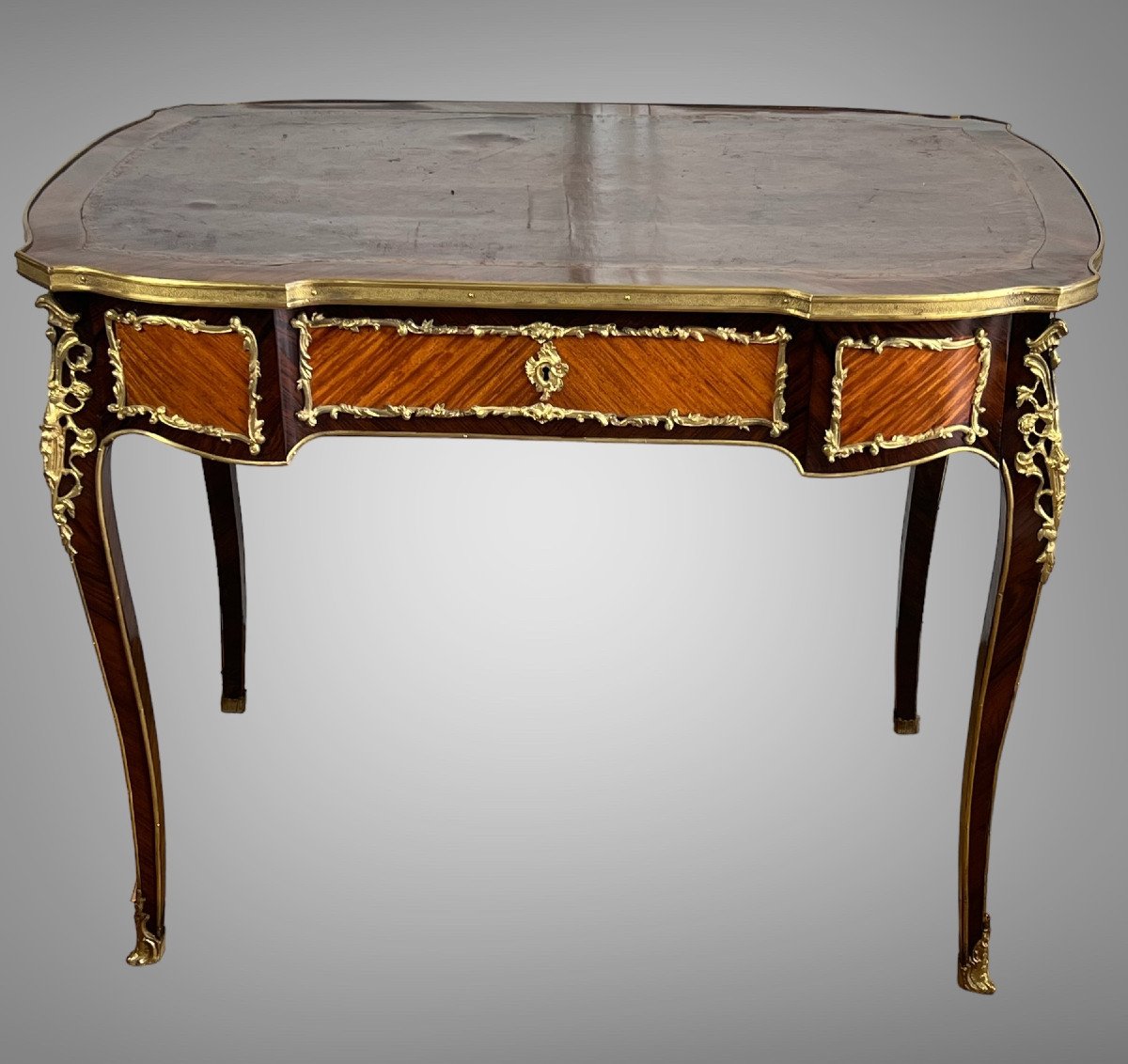 Marquetry Desk Decorated With Gilt Bronze Louis XV Style Napoleon III Period-photo-3