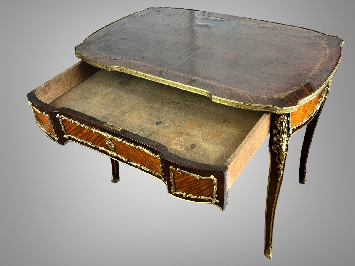 Marquetry Desk Decorated With Gilt Bronze Louis XV Style Napoleon III Period-photo-6