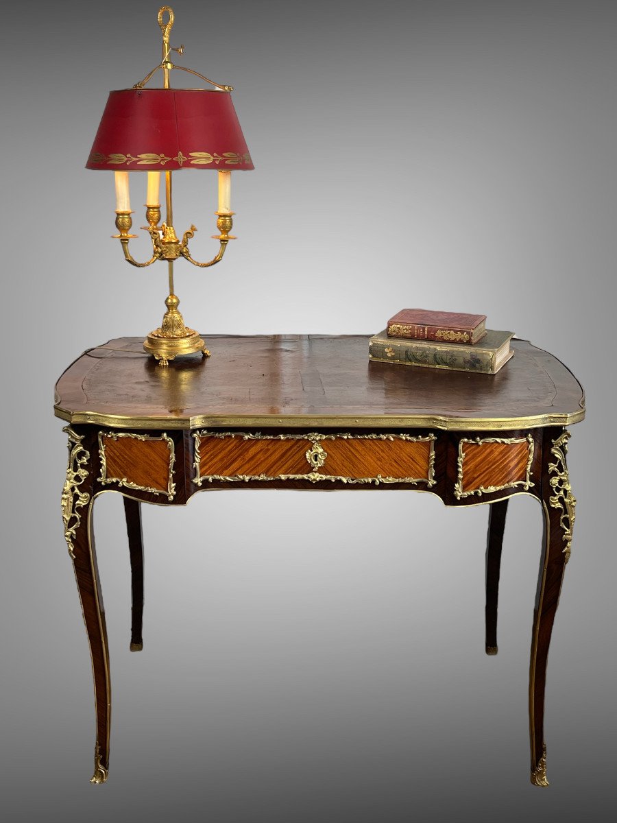 Marquetry Desk Decorated With Gilt Bronze Louis XV Style Napoleon III Period-photo-7