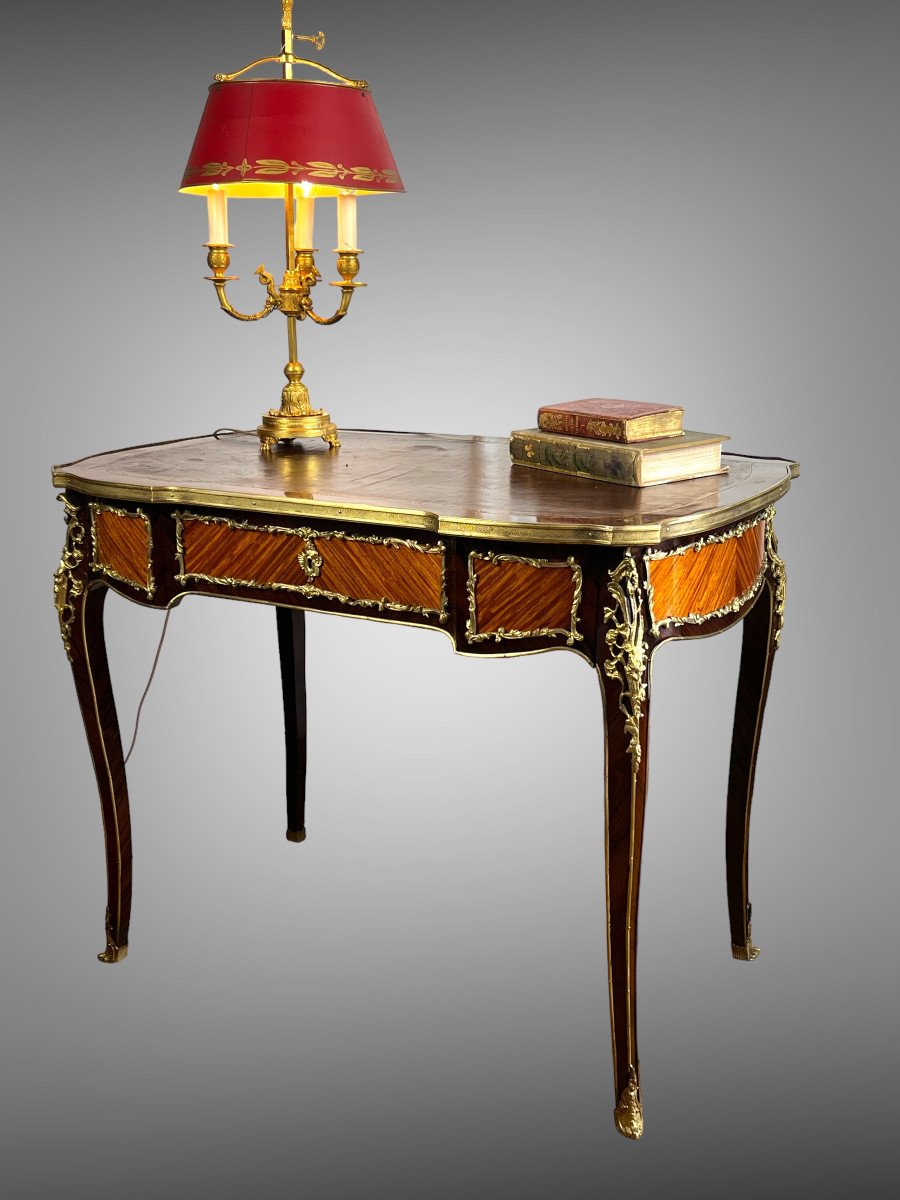 Marquetry Desk Decorated With Gilt Bronze Louis XV Style Napoleon III Period-photo-8