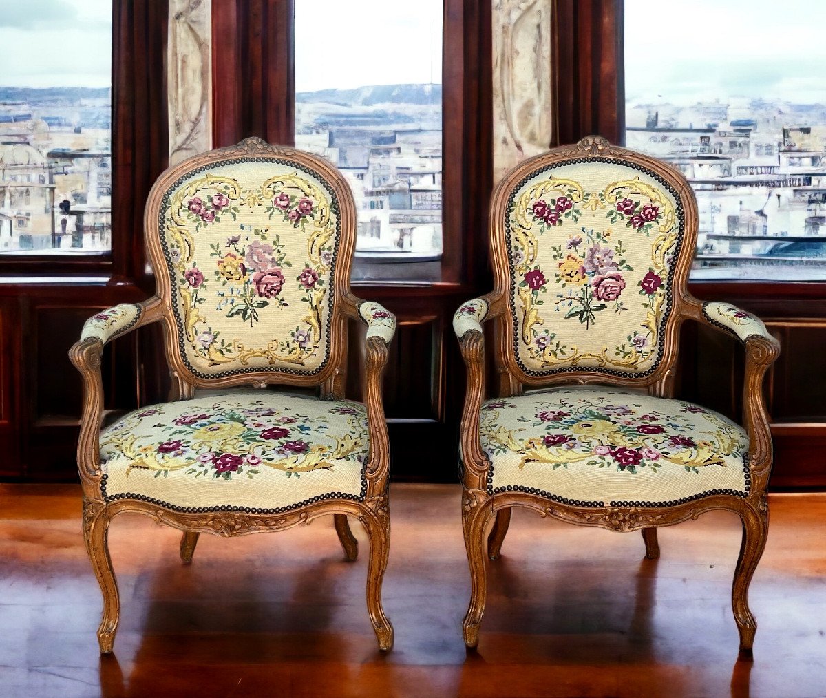 Pair Of Cabriolet Armchairs 18th Louis XV Period In Carved Natural Wood-photo-3