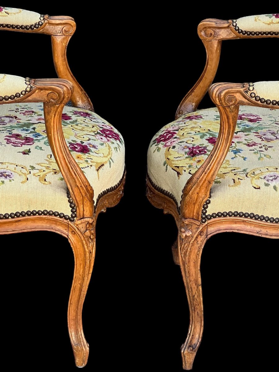 Pair Of Cabriolet Armchairs 18th Louis XV Period In Carved Natural Wood-photo-1