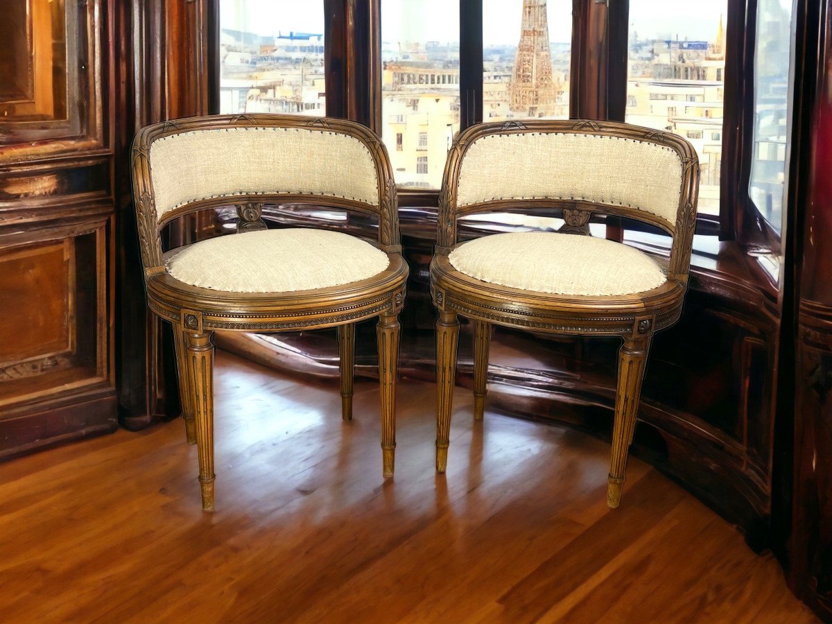 Pair Of Salon Armchairs In Carved And Upholstered Walnut Louis XVI Style-photo-2