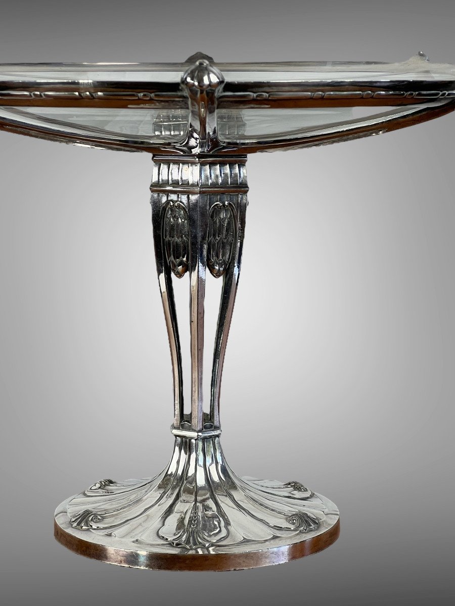 Coupe Sur Pied Art Deco En Metal Argenté Et Coupe En Cristal De Baccarat-photo-2