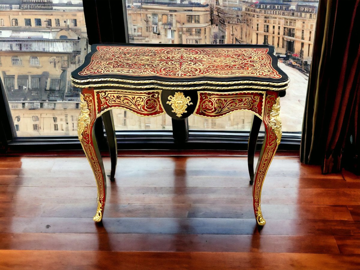 Table A Jeux / Console En Marqueterie Boulle Orné De Bronze Doré Epoque Napoleon III-photo-2