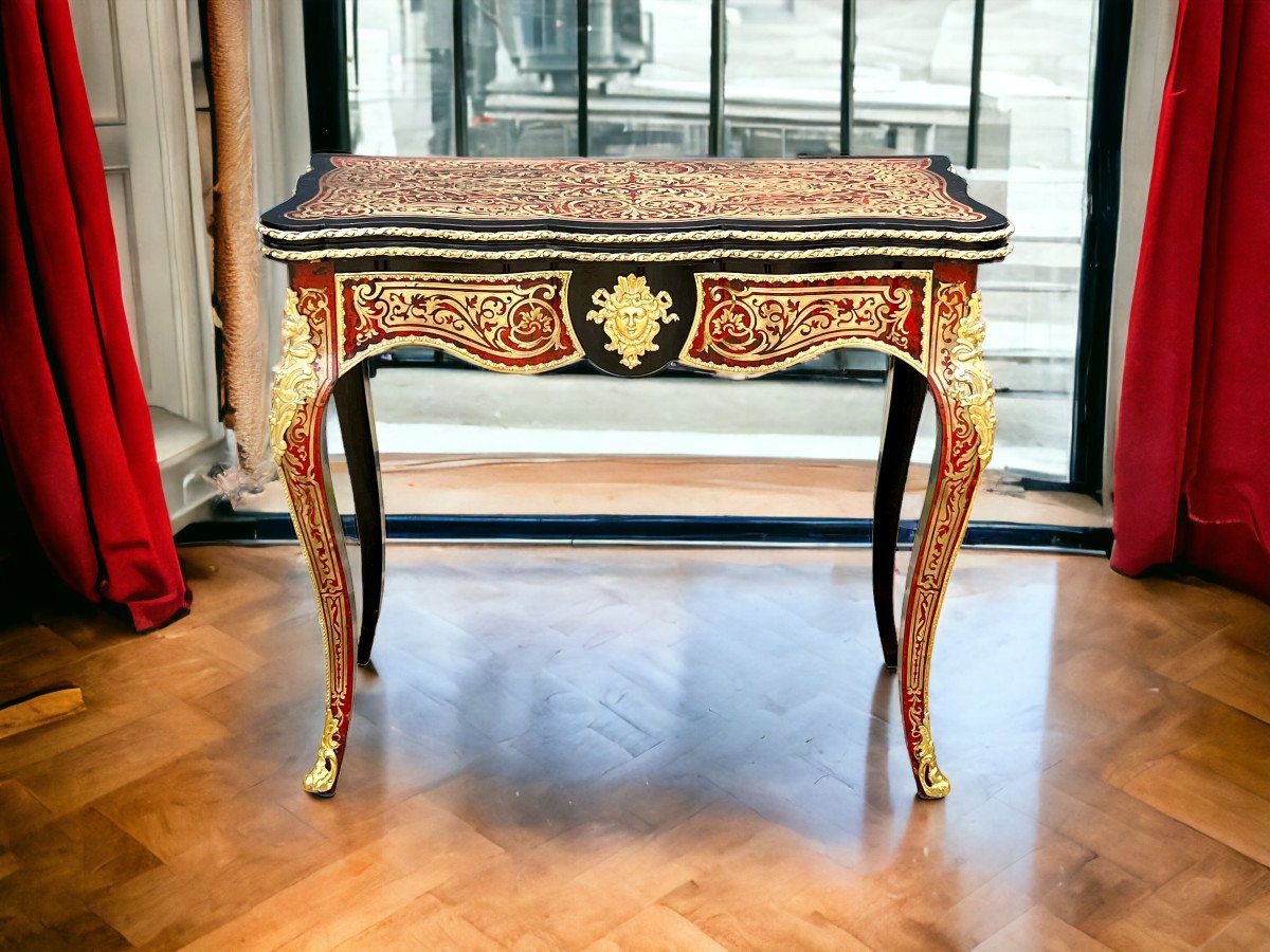 Table A Jeux / Console En Marqueterie Boulle Orné De Bronze Doré Epoque Napoleon III-photo-3