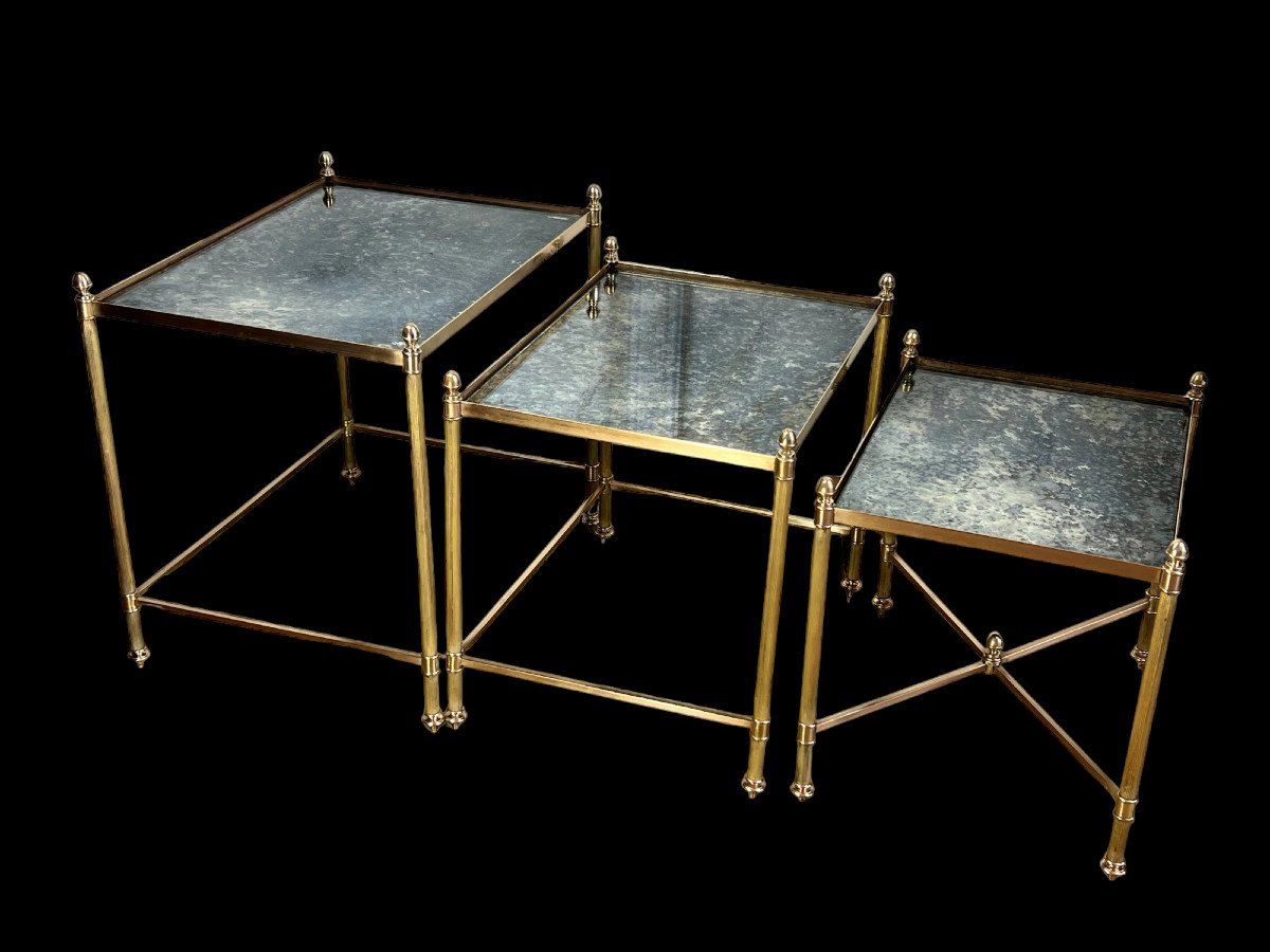 Nesting Table From “maison Bagués 1970” In Gilt Bronze And Glass Tops-photo-3