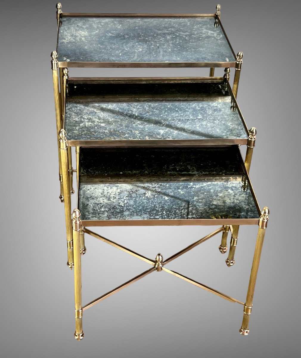 Nesting Table From “maison Bagués 1970” In Gilt Bronze And Glass Tops-photo-3