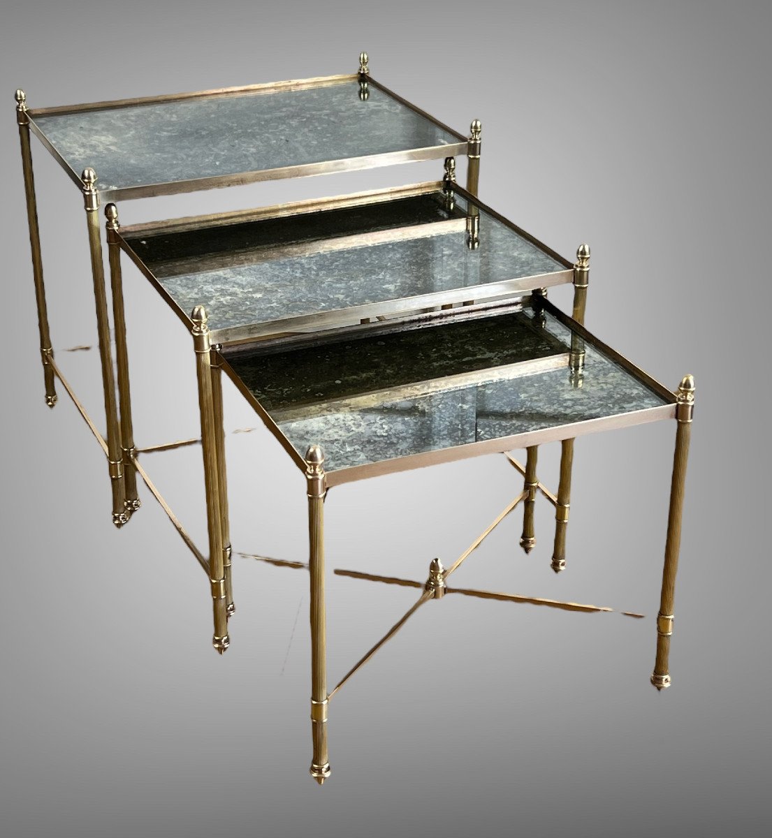 Nesting Table From “maison Bagués 1970” In Gilt Bronze And Glass Tops-photo-4