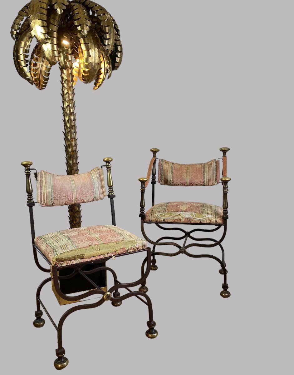 Italian Armchair + Chair From 1940 By Iron Savonarola Dante In Iron And Bronze-photo-1