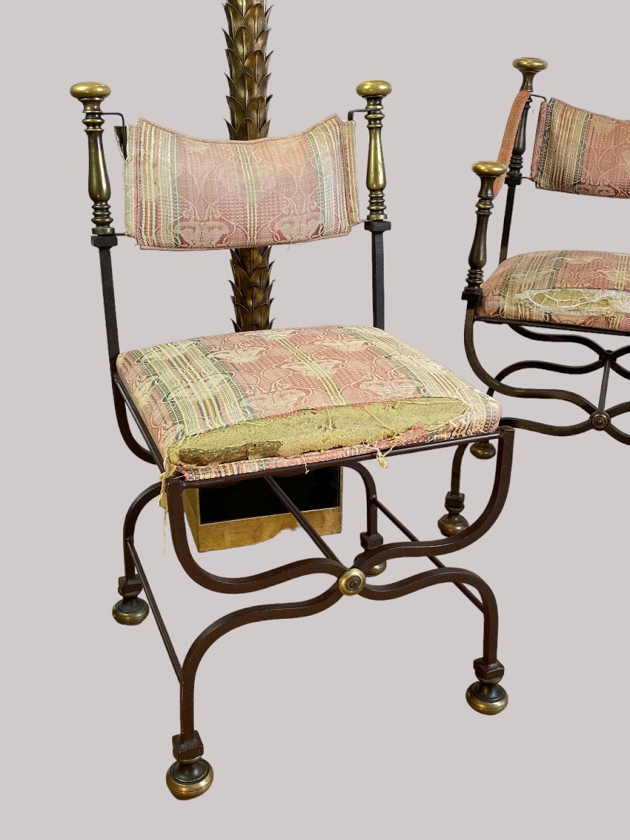 Italian Armchair + Chair From 1940 By Iron Savonarola Dante In Iron And Bronze-photo-3