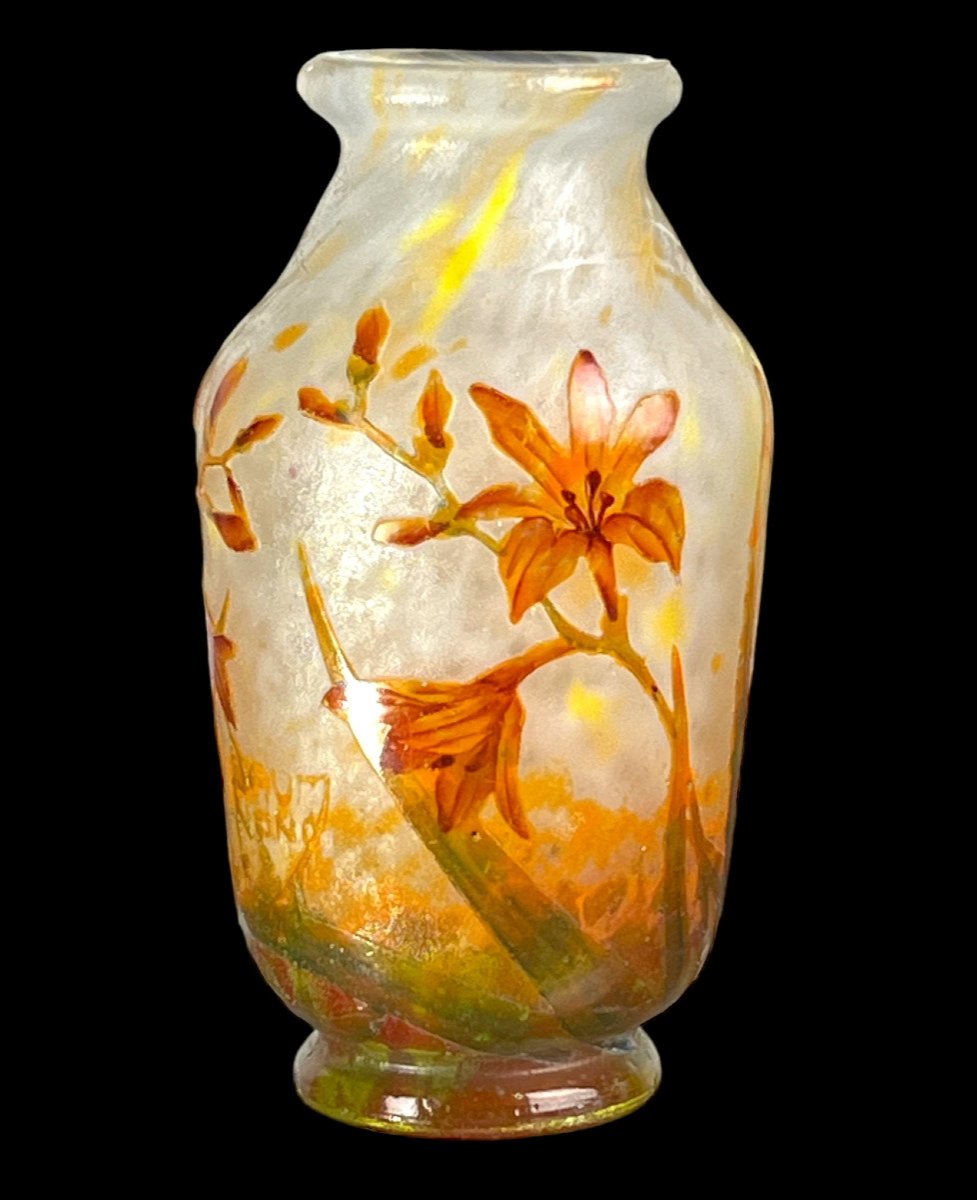 Vase De " Daum Nancy " En Verre Camée Gravé A l'Acide Decor " Fleurs De Freesia-photo-2