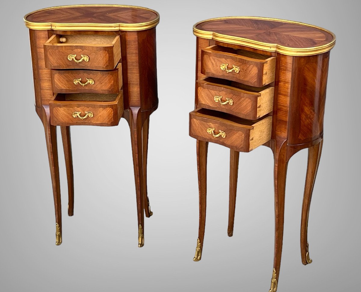 Pair Of Bedside Tables Stamped From Faubourg A Paris In Louis XV Style Marquetry-photo-3