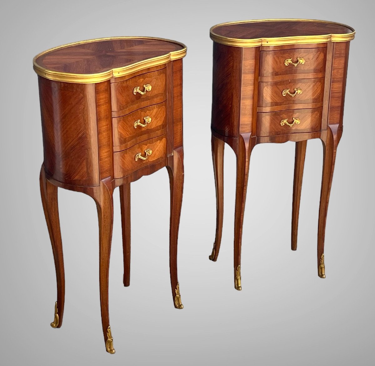 Pair Of Bedside Tables Stamped From Faubourg A Paris In Louis XV Style Marquetry-photo-4