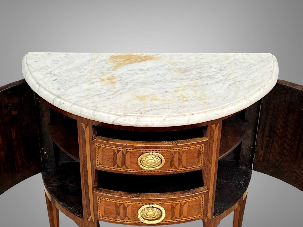 Commode Demi Lune Du XVIIIe Epoque Louis XVI En Marqueterie Dessus Marbre-photo-6