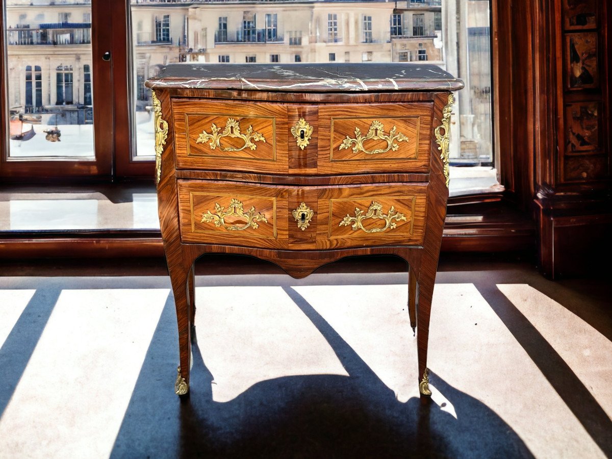 Commode Galbée XVIIIe époque Louis XV Estampillée " Ellaume " En Marqueterie-photo-2