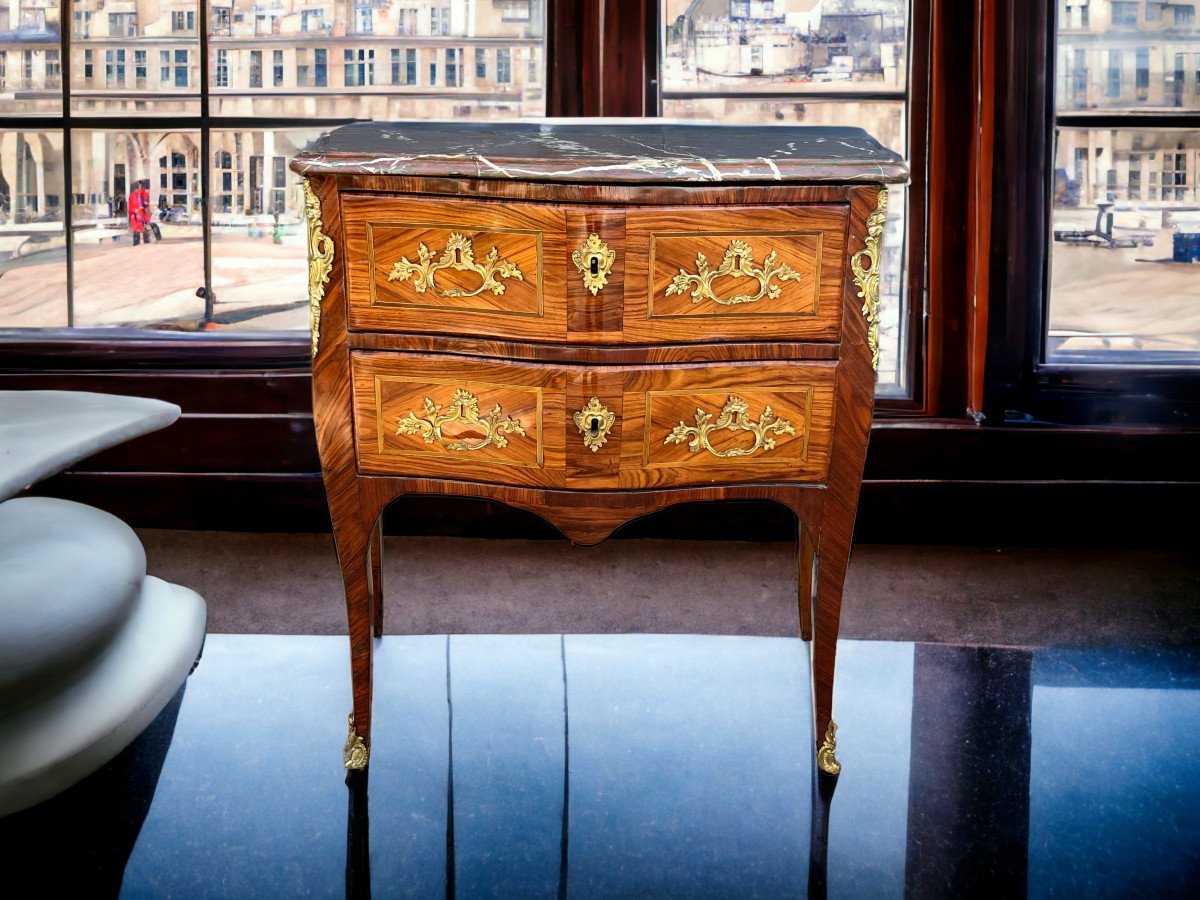 Commode Galbée XVIIIe époque Louis XV Estampillée " Ellaume " En Marqueterie-photo-3