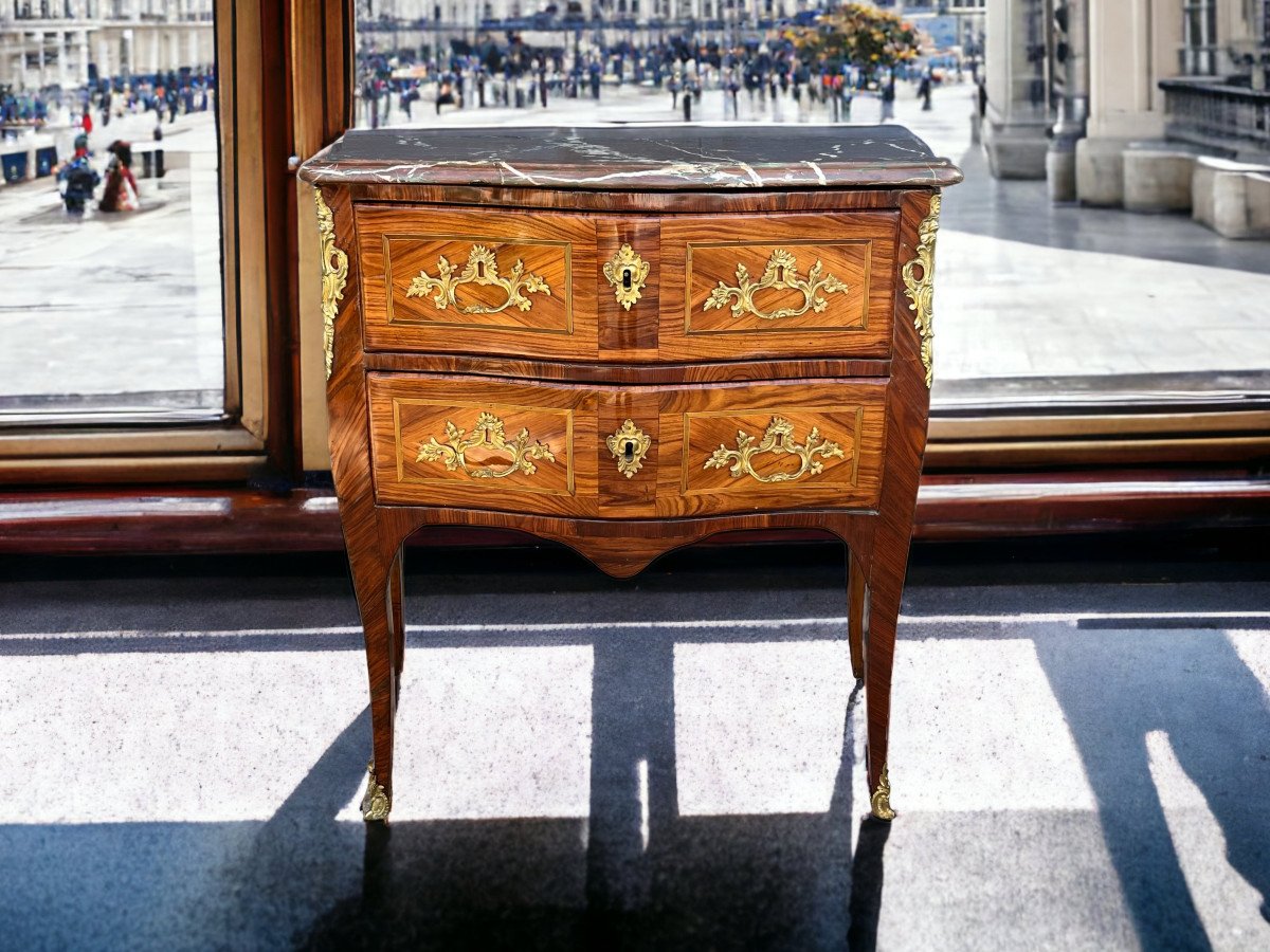 Commode Galbée XVIIIe époque Louis XV Estampillée " Ellaume " En Marqueterie-photo-4