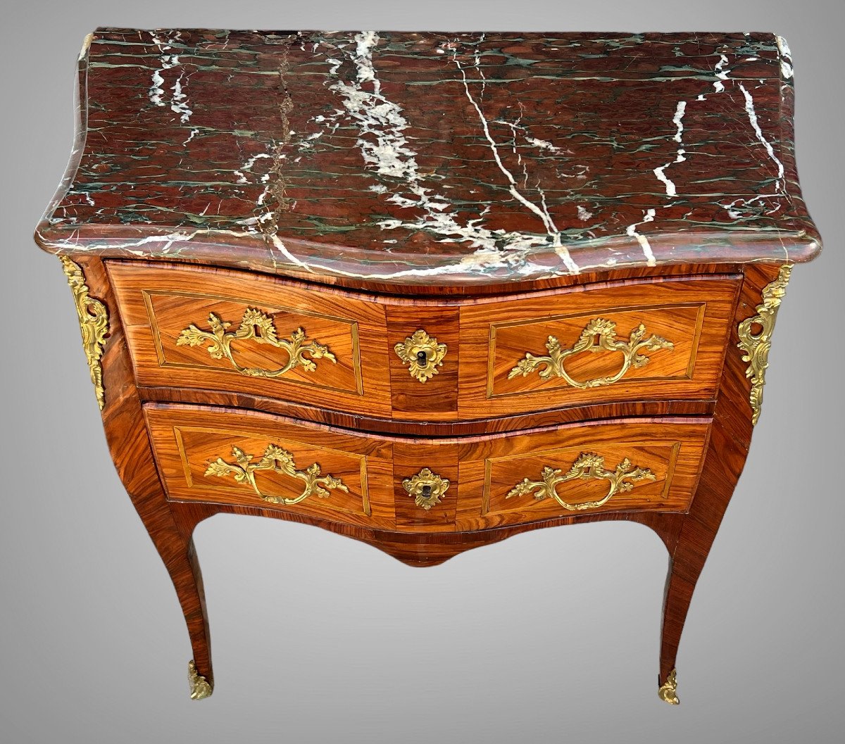 Commode Galbée XVIIIe époque Louis XV Estampillée " Ellaume " En Marqueterie-photo-5