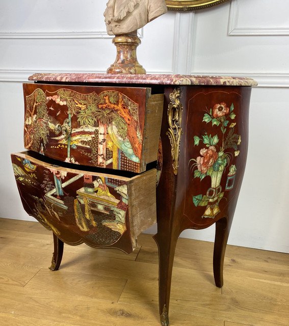 Curved Commode In Coromandel Lacquer Decorated With Gilt Bronze Louis XV Style-photo-4