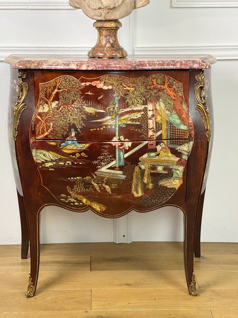 Curved Commode In Coromandel Lacquer Decorated With Gilt Bronze Louis XV Style-photo-5