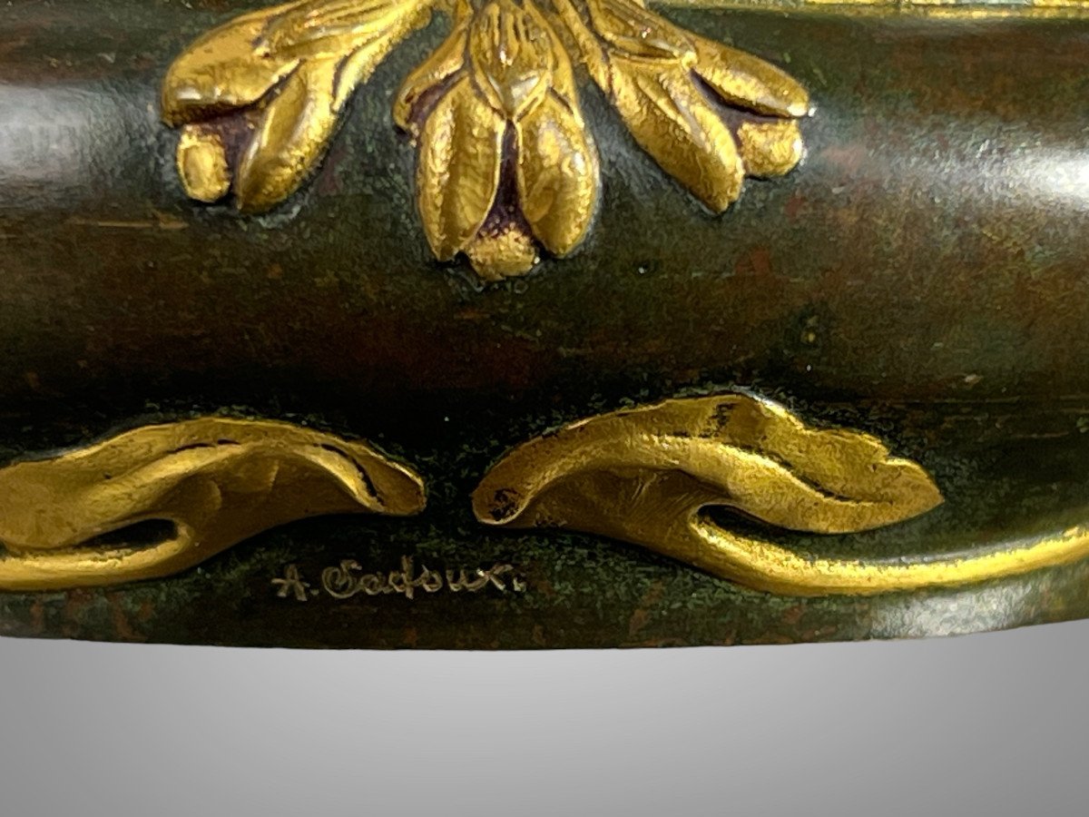 Boite En Bronze Epoque Art Nouveau Signée " A .sadoux " A Décor De Fleurs Dorées-photo-6