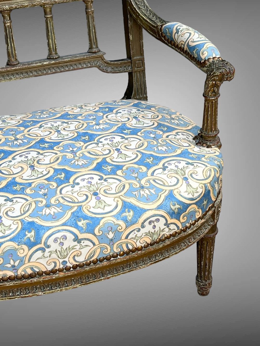 Fauteuil " Dit Marquise " De Style Louis XVI En Bois Patiné Et Sculpté Du XIXe-photo-2