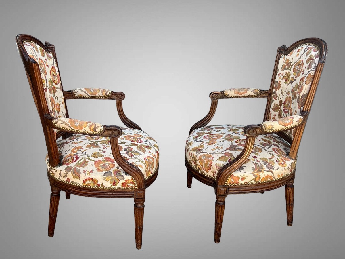 Pair Of 18th Century Louis XVI Cabriolet Armchairs With Upholstered Spade Backs-photo-3