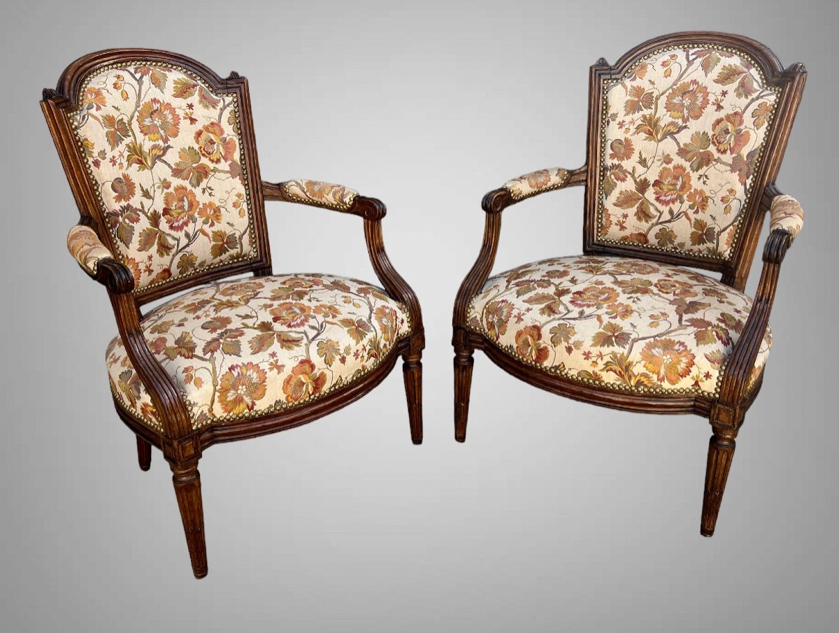 Pair Of 18th Century Louis XVI Cabriolet Armchairs With Upholstered Spade Backs-photo-8