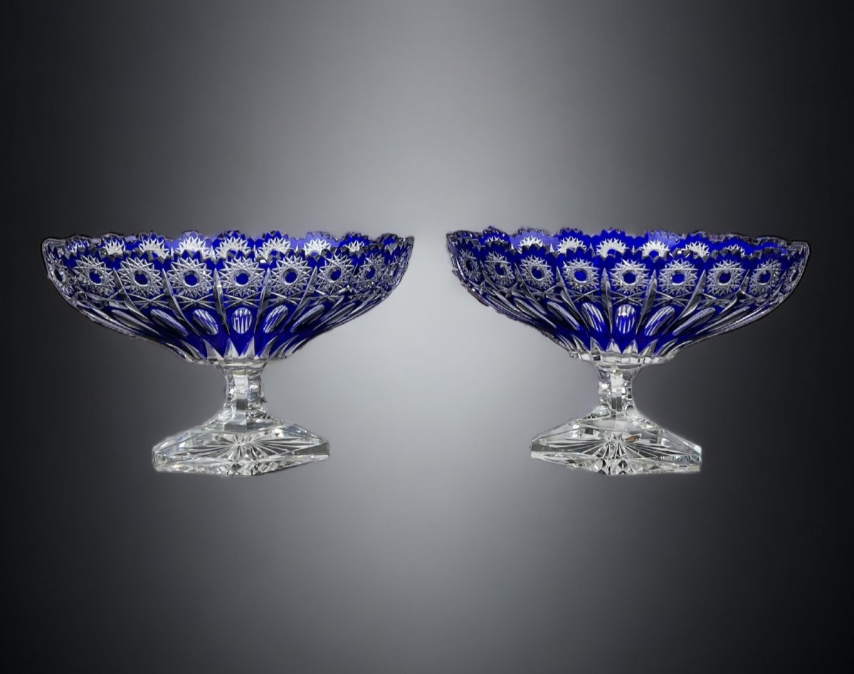 Pair Of Cups On Blue Pedestal In Bohemian Cut Crystal-photo-4