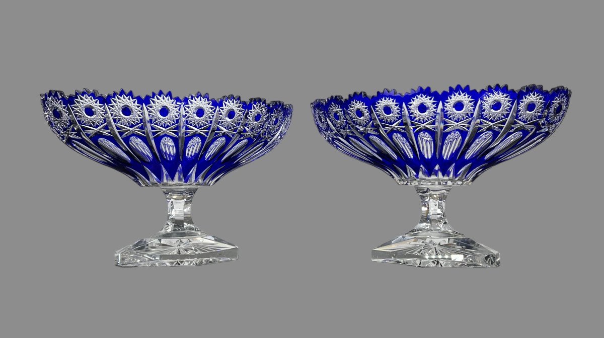 Pair Of Cups On Blue Pedestal In Bohemian Cut Crystal-photo-6