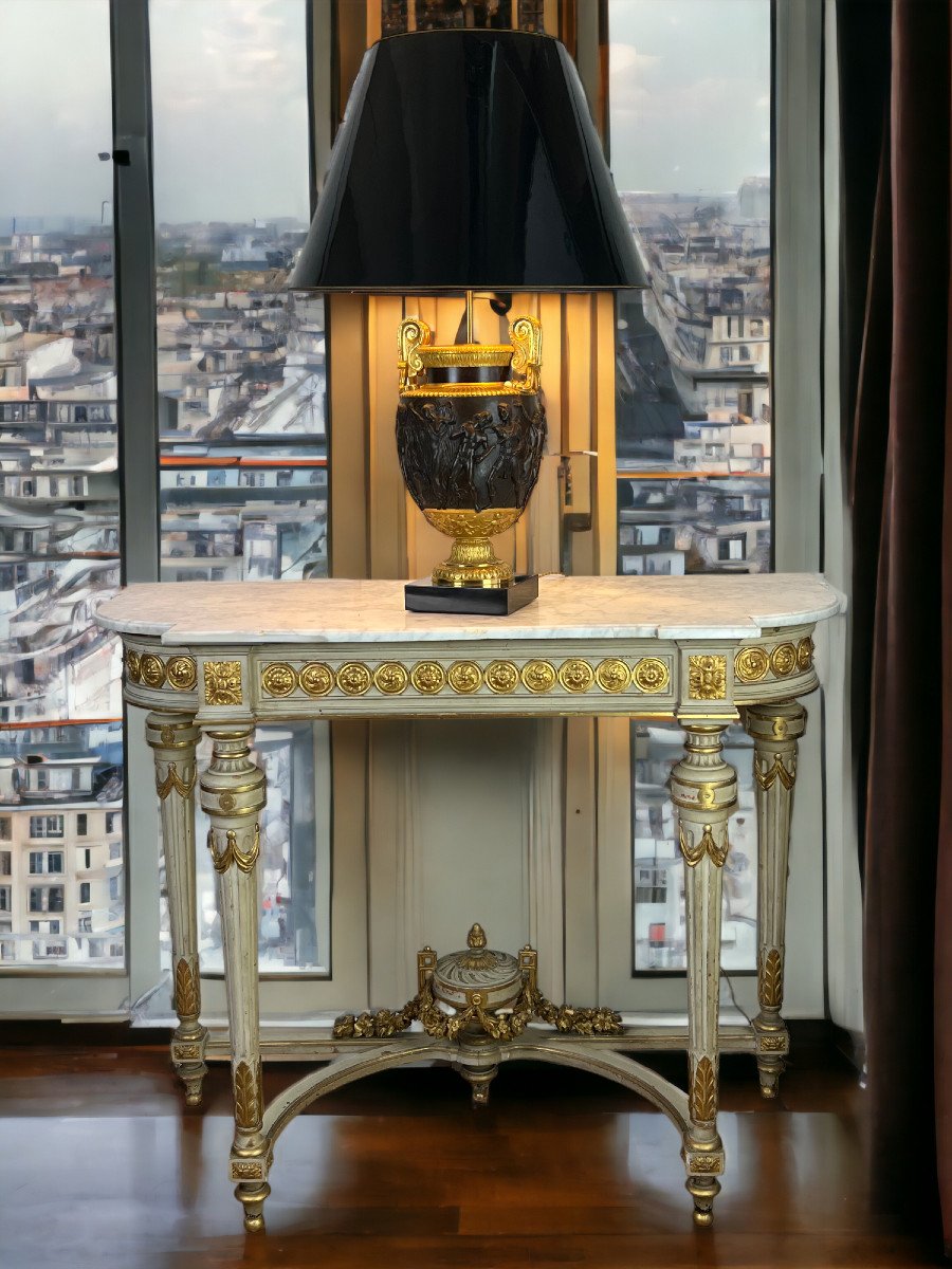 Console 1/2 Lune En Bois Laqué Et Doré Epoque Napoleon III Avec Un Dessus Marbre-photo-3