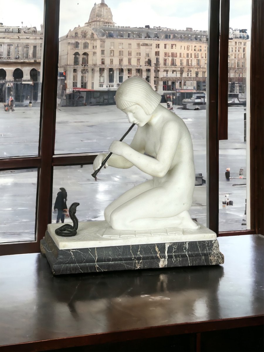 “guglielmo Pugi” Sculpture In White Art Deco Marble (snake Charmer)-photo-2