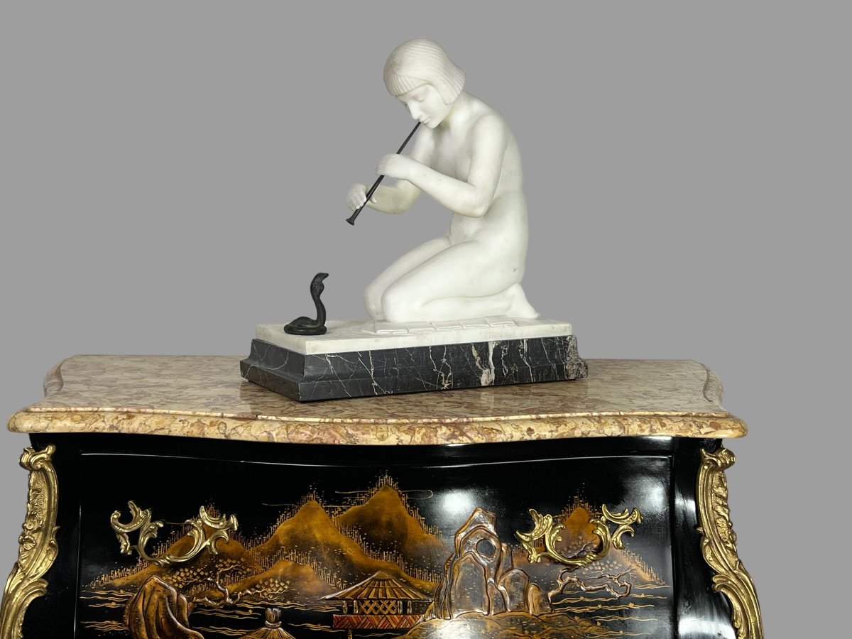 “guglielmo Pugi” Sculpture In White Art Deco Marble (snake Charmer)-photo-4