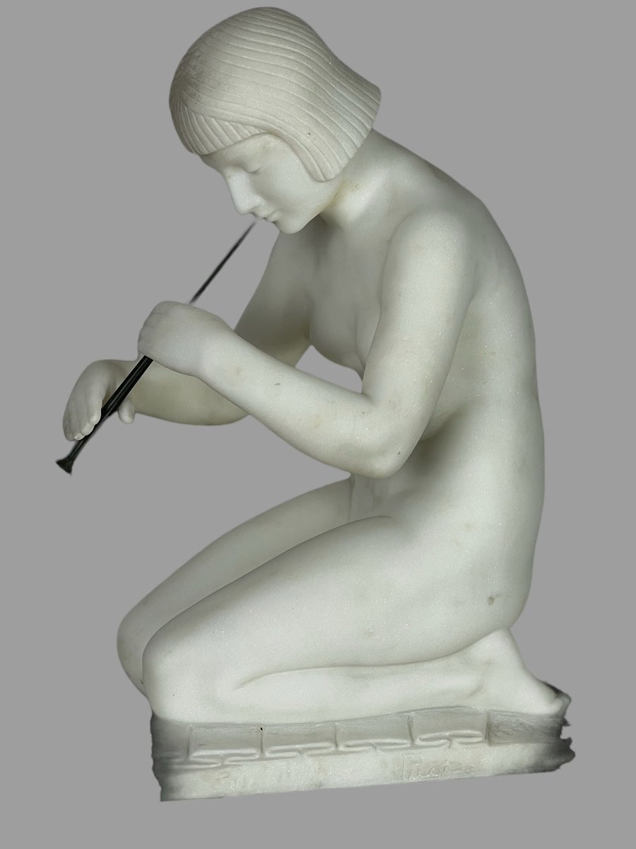 “guglielmo Pugi” Sculpture In White Art Deco Marble (snake Charmer)-photo-3