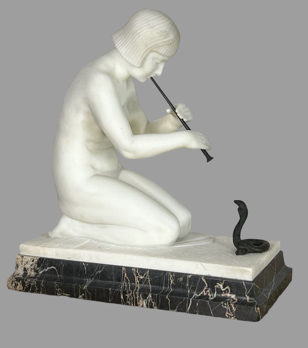 “guglielmo Pugi” Sculpture In White Art Deco Marble (snake Charmer)-photo-5