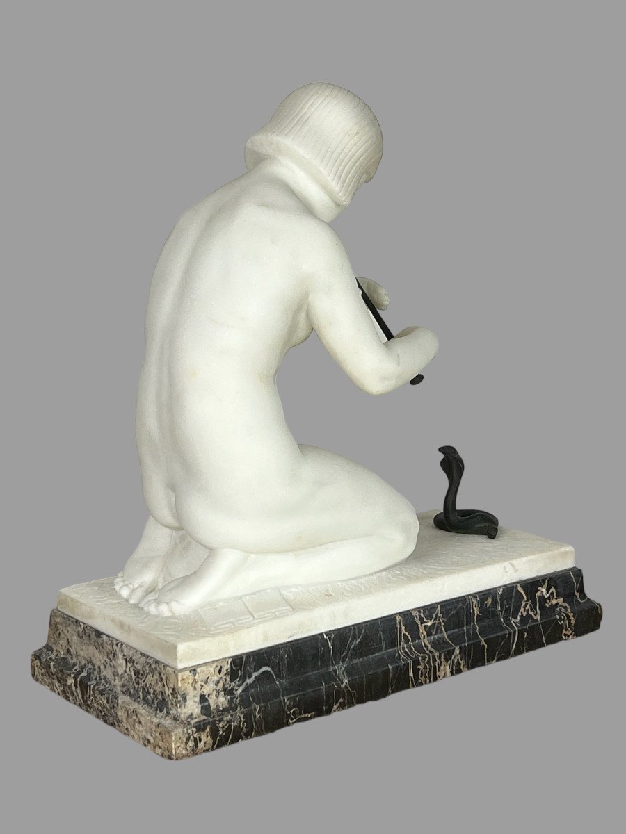 “guglielmo Pugi” Sculpture In White Art Deco Marble (snake Charmer)-photo-6