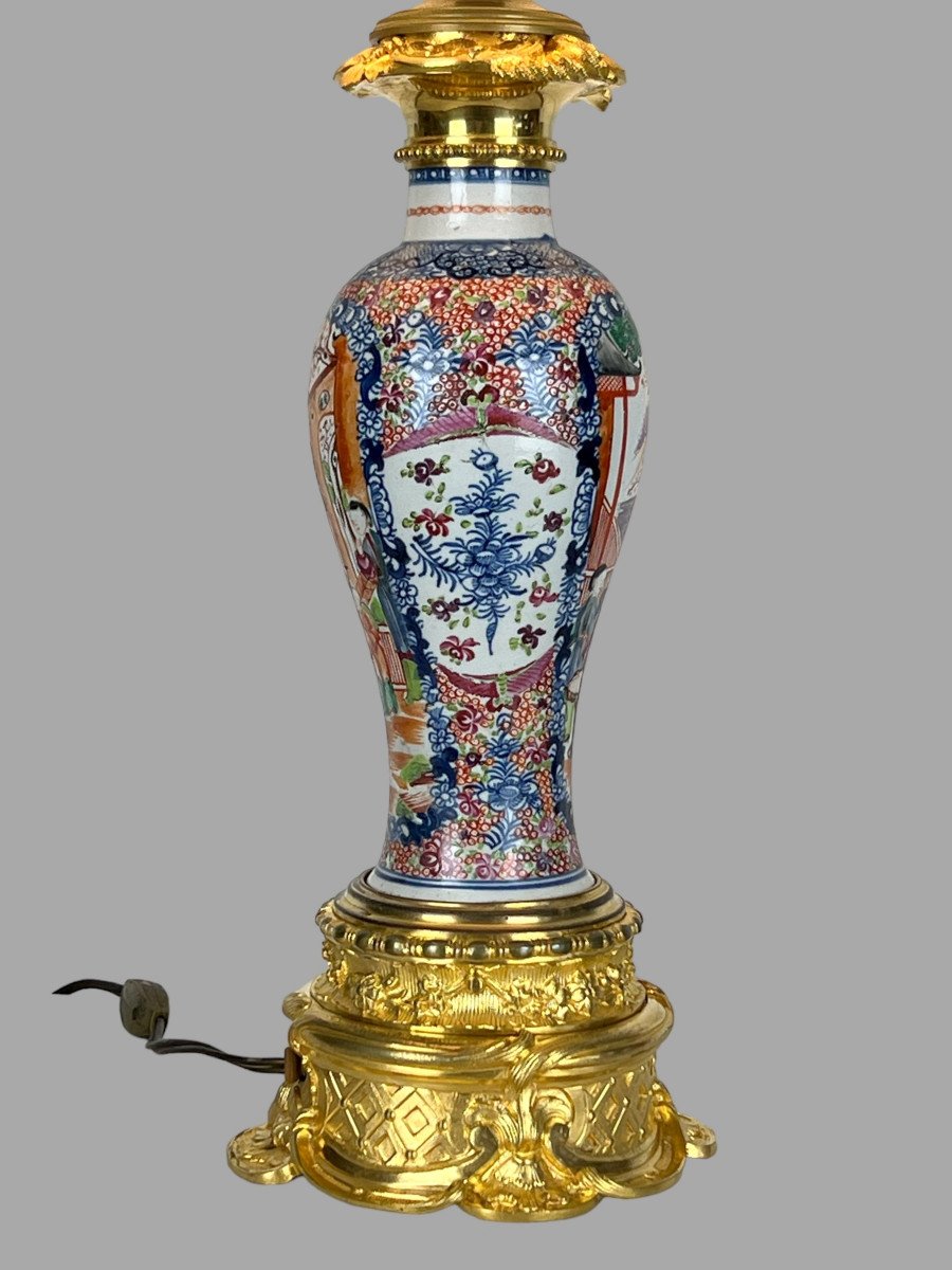 19th Century Chinese Lamp In Polychrome Porcelain Decorated With Gilt Bronze-photo-2