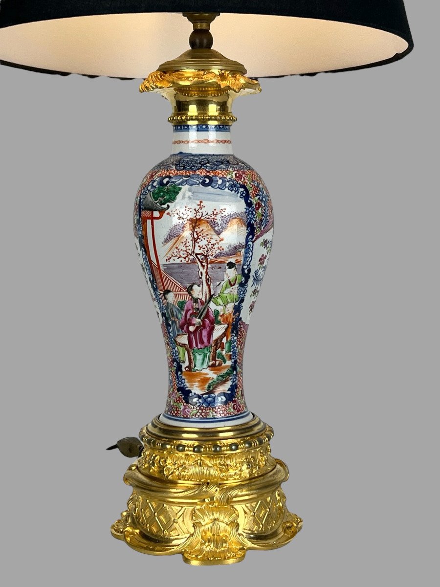 19th Century Chinese Lamp In Polychrome Porcelain Decorated With Gilt Bronze-photo-5