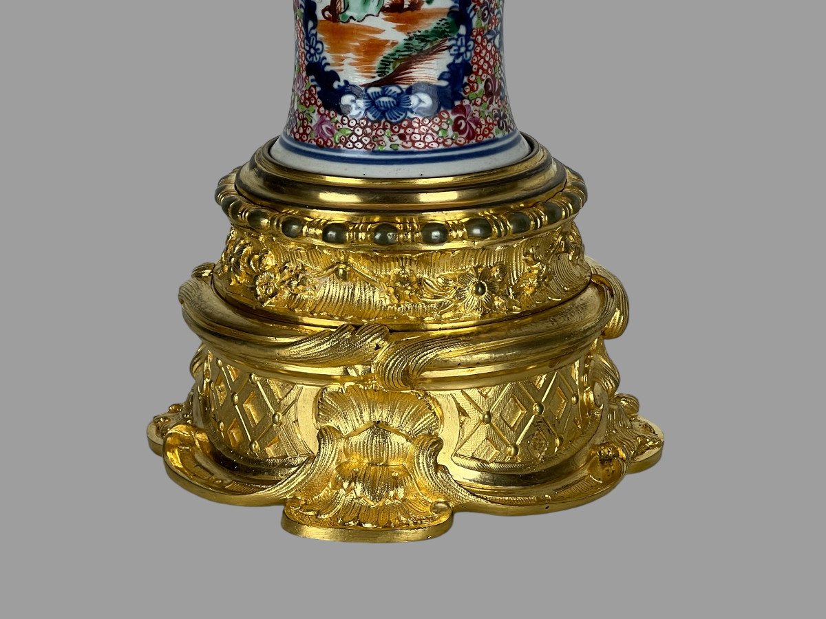 19th Century Chinese Lamp In Polychrome Porcelain Decorated With Gilt Bronze-photo-6