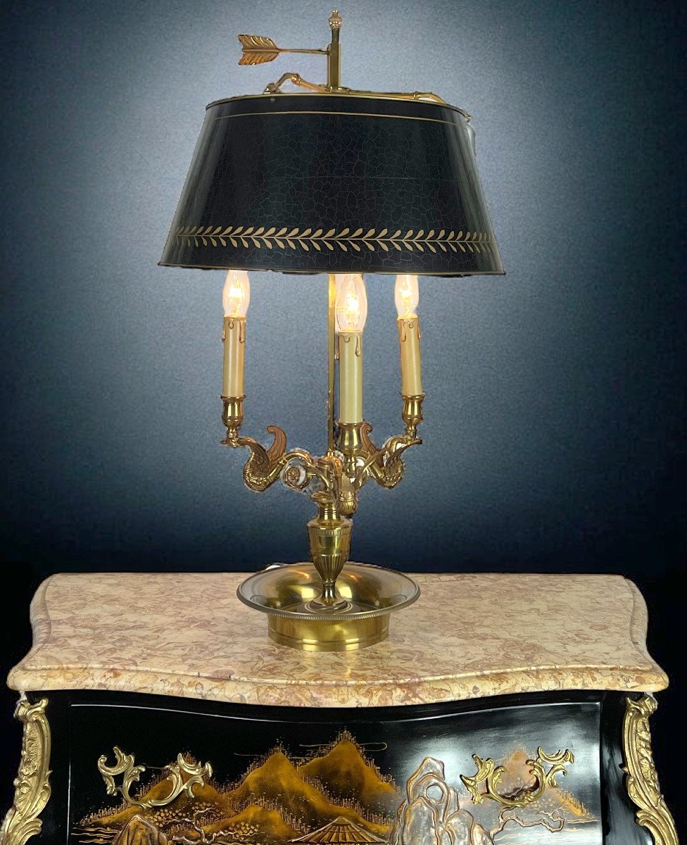 Old Hot Water Bottle Lamp In Gilt Bronze Decorated With Swans / Sheet Metal Lampshade-photo-2