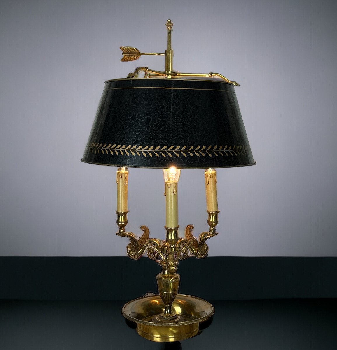 Old Hot Water Bottle Lamp In Gilt Bronze Decorated With Swans / Sheet Metal Lampshade-photo-4