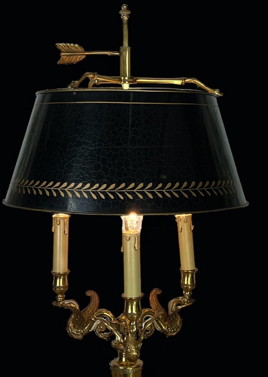 Old Hot Water Bottle Lamp In Gilt Bronze Decorated With Swans / Sheet Metal Lampshade-photo-1