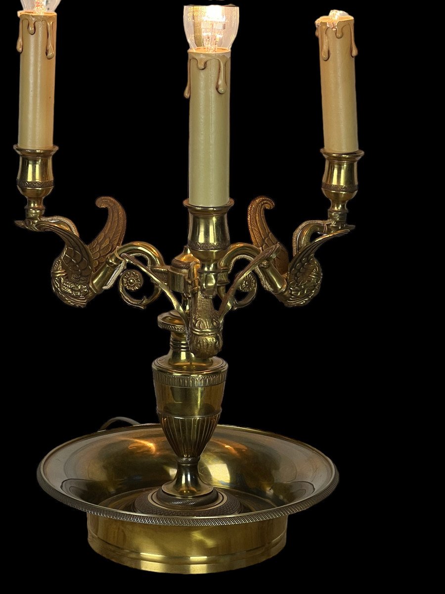 Old Hot Water Bottle Lamp In Gilt Bronze Decorated With Swans / Sheet Metal Lampshade-photo-2