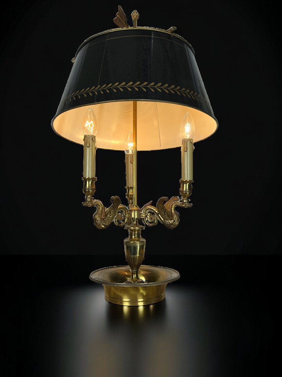 Old Hot Water Bottle Lamp In Gilt Bronze Decorated With Swans / Sheet Metal Lampshade-photo-5