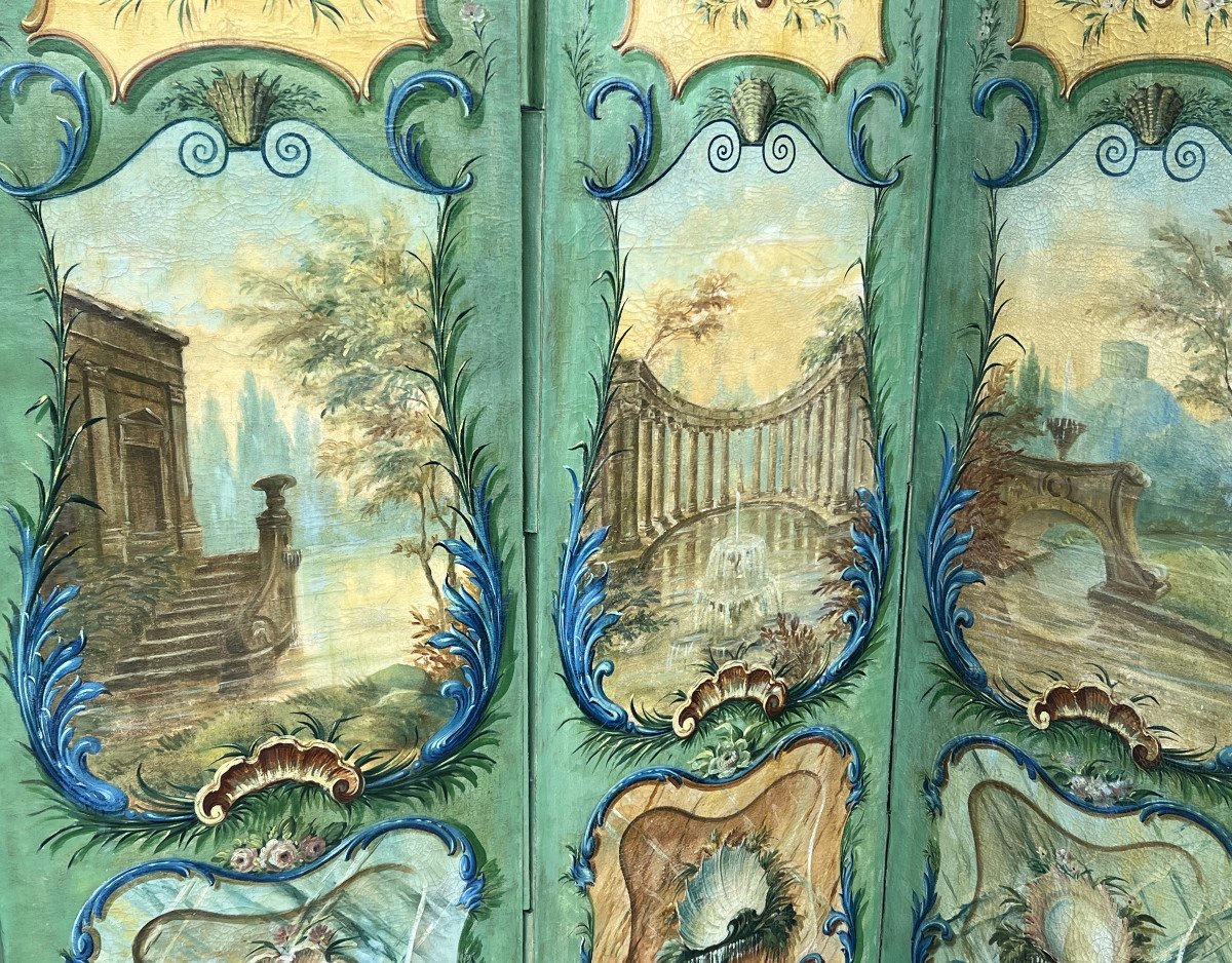 Old 19th Century Screen With 4 Leaves In Painted Canvas A Decor D Architectures-photo-1