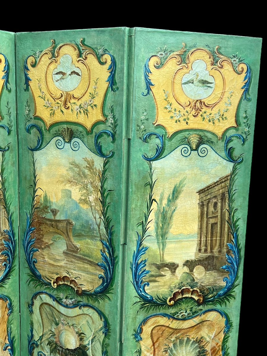 Old 19th Century Screen With 4 Leaves In Painted Canvas A Decor D Architectures-photo-4