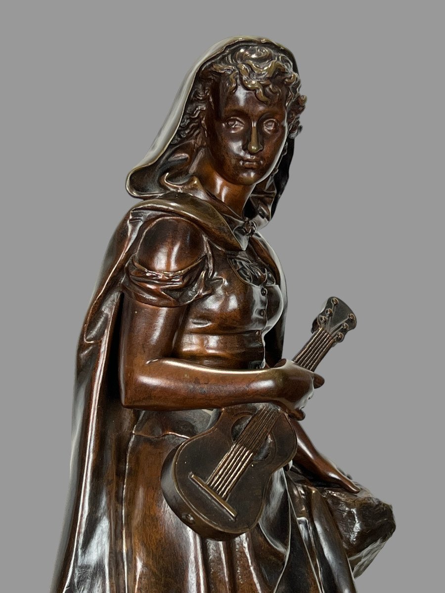 Sculpture / Woman With Mandolin In Patinated Bronze Signed Eutrope Bouret 1833-1906-photo-5